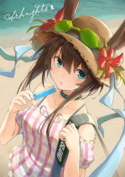 Rule 34 | 1girl, amiya (arknights), animal ear fluff, animal ears, arknights, bare shoulders, beach, blue eyes, blue ribbon, brown hat, collarbone, commentary request, copyright name, day, detached sleeves, dress, ears through headwear, flower, food, goggles, goggles on head, hair between eyes, hat, hat flower, holding, holding food, holding strap, long hair, looking at viewer, mag (mag42), outdoors, parted lips, plaid, plaid dress, plaid sleeves, popsicle, puffy short sleeves, puffy sleeves, rabbit girl, red flower, ribbon, saliva, saliva trail, sand, short sleeves, sidelocks, sleeveless, sleeveless dress, solo, straw hat, water, white dress