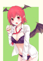 Rule 34 | &gt;:o, 1girl, :o, alternate hair length, alternate hairstyle, bat wings, black bra, black panties, blush, bra, bread slice, breasts, cleavage, culter, dress shirt, fang, food, green background, head wings, koakuma, large breasts, looking at viewer, necktie, open clothes, open mouth, open shirt, outside border, panties, pointy ears, red eyes, red hair, red necktie, shirt, short hair, simple background, solo, toast, touhou, underwear, v-shaped eyebrows, wings