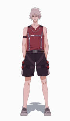 Rule 34 | 1boy, belt, brown hair, full body, grey background, grin, gun, handgun, hands in pockets, highres, jewelry, jey rain, male focus, necklace, pistol, shadow, shoes, shorts, simple background, smile, sneakers, solo, tank top, tattoo, weapon