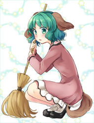 Rule 34 | 1girl, animal ears, bamboo broom, broom, dog ears, dog tail, dress, from side, full body, green eyes, green hair, kasodani kyouko, long sleeves, looking at viewer, looking to the side, mito tsubaki, parted lips, pink dress, short hair, solo, squatting, tail, touhou, wavy hair
