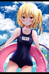 Rule 34 | 1girl, bad id, bad twitter id, bare arms, bare shoulders, blonde hair, blue sky, blush, breasts, cloud, collarbone, commentary request, competition school swimsuit, covered navel, cowboy shot, crystal, day, flandre scarlet, gluteal fold, hair between eyes, holding, hyurasan, letterboxed, lifebuoy, looking at viewer, name tag, no headwear, one-piece swimsuit, one side up, outdoors, red eyes, school swimsuit, shiny clothes, short hair, sky, small breasts, smile, solo, standing, sun, swim ring, swimsuit, thighs, touhou, translation request, water, wings