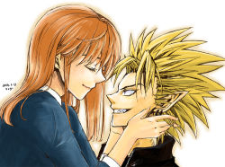 Rule 34 | 00s, 1boy, 1girl, 2014, anezaki mamori, artist name, blazer, blonde hair, brown hair, collared shirt, couple, dated, earrings, closed eyes, eyeshield 21, face-to-face, grin, hand on another&#039;s face, hetero, hiruma youichi, hug, jacket, jewelry, pointy ears, pointy nose, portrait, profile, school uniform, sharp teeth, shirt, short hair, smile, spiked hair, teeth, turtleneck, ueda-pix, white background