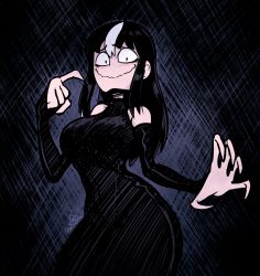 Rule 34 | 1girl, absurdres, bare shoulders, black dress, black hair, borrowed character, breasts, commentary, dark background, dress, elbow gloves, fingerless gloves, from below, gloves, highres, large breasts, limehazard, looking at viewer, multicolored hair, noss (rariatto), original, signature, smile, solo, streaked hair, watermark, white hair
