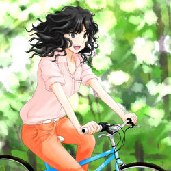 Rule 34 | 1girl, amagami, bicycle, black eyes, black hair, casual, riding, riding bicycle, sleeves rolled up, solo, takemi kaoru, tanamachi kaoru, wavy hair