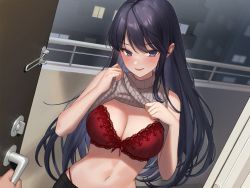 Rule 34 | 1boy, 1girl, bare shoulders, black pants, blush, bow, bow bra, bra, breasts, cleavage, clothes lift, door, dutch angle, grey sweater, hair between eyes, half-closed eyes, highres, jfjf, lace, lace-trimmed bra, lace trim, large breasts, lifted by self, long hair, looking at viewer, navel, night, original, out of frame, panties, pants, parted lips, purple eyes, purple hair, red bra, red panties, ribbed sweater, shirt lift, sidelocks, skindentation, sleeveless, sleeveless sweater, smile, stomach, string panties, sweater, underwear, undressing, very long hair
