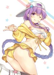 Rule 34 | 1girl, ;q, ass, bandeau, bare shoulders, baseball cap, bb (fate), bb (fate) (all), bb (swimsuit mooncancer) (fate), bb (swimsuit mooncancer) (first ascension) (fate), bikini, bikini skirt, black socks, blush, braid, breasts, cleavage, closed mouth, commentary request, fate/grand order, fate (series), groin, hat, hat ornament, highres, jacket, long hair, long sleeves, looking at viewer, medium breasts, navel, off shoulder, one eye closed, peaked cap, purple eyes, purple hair, shiromikan, shoes, sidelocks, sideways hat, single braid, smile, socks, solo, star (symbol), star hat ornament, stomach, swimsuit, tongue, tongue out, underboob, v, v-shaped eyebrows, very long hair, white background, white footwear, yellow jacket