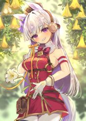 Rule 34 | 1girl, animal ears, armband, belt, black belt, blurry, blurry background, bow, bowtie, commentary, cowboy shot, day, dress, ear ribbon, flower, gloves, gold ship (umamusume), grey hair, grin, harunohotaru, head tilt, headgear, high collar, highres, holding, holding flower, holding ribbon, horse ears, horse girl, horse tail, lily (flower), long hair, looking at viewer, outdoors, pantyhose, pillbox hat, pouch, purple eyes, purple ribbon, red bow, red bowtie, red dress, ribbon, short dress, sleeveless, sleeveless dress, smile, solo, standing, tail, thigh strap, umamusume, white gloves, white pantyhose, yellow ribbon