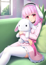 Rule 34 | 1girl, 7fuji 06, animal ears, blush, choker, couch, dress, fake animal ears, frilled dress, frills, hairband, highres, holding, holding stuffed toy, indoors, light particles, light rays, lolita hairband, long hair, long sleeves, looking at viewer, open mouth, original, pink hair, plant, rabbit ears, red eyes, ribbon, sitting, solo, striped wall, stuffed animal, stuffed rabbit, stuffed toy, sunlight, thighhighs, window