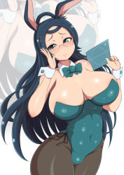 Rule 34 | 1girl, adjusting eyewear, animal ears, aqua eyes, azur lane, bare shoulders, black hair, blueprint (object), blush, bow, bowtie, breasts, brown pantyhose, cleavage, covered navel, detached collar, fake animal ears, glasses, green leotard, highres, large breasts, leotard, long hair, looking at viewer, pantyhose, playboy bunny, ponponmaru, rabbit ears, rabbit girl, rabbit tail, solo, souryuu (azur lane), strapless, strapless leotard, tail, wrist cuffs, zoom layer
