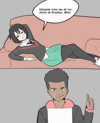 Rule 34 | 2koma, arm behind head, black hair, black necktie, black pantyhose, blush, brown eyes, cardigan, collared shirt, comic, couch, curly hair, dark-skinned male, dark skin, green skirt, hair ornament, hairclip, half-closed eyes, highres, hood, hoodie, lying, marvel, miles morales, necktie, on back, on couch, pale skin, pantyhose, parody, peni parker, school uniform, seductive smile, shirt, shoes, short hair, skirt, smile, sneakers, spanish text, spider-man: across the spider-verse, spider-man (series), spider-verse, sweater, thecooleralexico, thumbs up, titanic (movie), translated