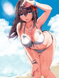 Rule 34 | 10s, 1girl, bare shoulders, beach, bikini, black hair, blue eyes, blue nails, blue sky, breasts, cleavage, cloud, cloudy sky, collarbone, commentary request, day, flower, hair between eyes, hair flower, hair ornament, hairband, hand on forehead, hand on own thigh, hibiscus, hip focus, idolmaster, idolmaster cinderella girls, jewelry, large breasts, leaning forward, long hair, looking at viewer, nail polish, navel, necklace, open mouth, outdoors, pendant, ryuu., sagisawa fumika, side-tie bikini bottom, sky, smile, solo, sun, sunlight, swimsuit, thighs, wet, white bikini