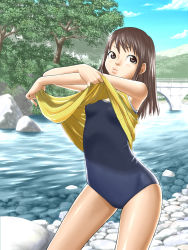 Rule 34 | 1girl, 5tatsu, bad id, bad pixiv id, bridge, brown eyes, brown hair, highres, long hair, one-piece swimsuit, original, school swimsuit, solo, stream, swimsuit, swimsuit under clothes, tree, undressing, water