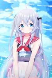 Rule 34 | 1girl, ahoge, black bow, black shirt, blue eyes, blue sky, bow, center frills, cloud, cloudy sky, commentary request, covered navel, day, deyui, frills, grey hair, hair between eyes, hair bow, highres, horizon, innertube, kagura nana, long hair, multicolored hair, nanakagu karatou ch, neckerchief, notice lines, ocean, old school swimsuit, one-piece swimsuit, outdoors, pink hair, red neckerchief, red sailor collar, sailor collar, school swimsuit, shirt, sky, sleeveless, sleeveless shirt, solo, standing, swim ring, swimsuit, swimsuit under clothes, transparent, two-tone hair, two side up, very long hair, virtual youtuber, water, white one-piece swimsuit