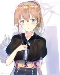 Rule 34 | 1girl, belt, black shirt, blue eyes, brown hair, check commentary, chromatic aberration, commentary request, hand on own chest, intrepid (kancolle), kantai collection, looking at viewer, miyasaka miyabi, open mouth, ponytail, shirt, short hair, solo, upper body
