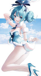 Rule 34 | 1girl, :d, absurdres, animal ears, aqua eyes, aqua hair, aqua leotard, arm up, ass, bad id, bad pixiv id, bare shoulders, bicute bunnies miku, black bow, black necktie, blue footwear, blue sky, borrowed design, bow, cloud, commentary, day, detached collar, double bun, doughnut hair bun, ear ribbon, english commentary, eumi 114, fake animal ears, fake tail, fishnet pantyhose, fishnets, from side, full body, fur-trimmed leotard, fur trim, hair bun, hatsune miku, high heels, highres, huge filesize, leotard, looking at viewer, looking to the side, necktie, open mouth, pantyhose, photoshop (medium), playboy bunny, rabbit ears, rabbit tail, short hair, short necktie, sidelocks, sky, smile, solo, strapless, strapless leotard, tail, tied ears, vocaloid, white pantyhose, wrist cuffs
