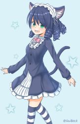 Rule 34 | 1girl, animal ears, artist name, bell, black thighhighs, blue hair, blush, bow, cat ears, cat tail, cyan (show by rock!!), drill hair, drill sidelocks, green eyes, highres, long sleeves, looking at viewer, maid headdress, nan0teck, open mouth, pink bow, short hair, show by rock!!, sidelocks, smile, solo, striped clothes, striped thighhighs, tail, thighhighs, twitter username, white thighhighs