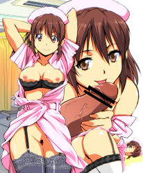 Rule 34 | 1girl, arms up, ass, bad id, bad pixiv id, bar censor, bent over, breasts, brown eyes, brown hair, censored, fellatio, garter straps, hat, kamisimo 90, lace, lace-trimmed legwear, lace trim, looking at viewer, nipples, no panties, nurse, nurse cap, oral, original, penis, smile, thighhighs, tongue