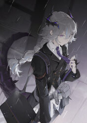 Rule 34 | 1boy, absurdres, arknights, black suit, buttons, claw ring, collared shirt, commentary, cowboy shot, dragon boy, dragon horns, dragon tail, dutch angle, formal, frown, grey background, grey hair, highres, horns, long hair, looking at viewer, male focus, material growth, necktie, oripathy lesion (arknights), outdoors, pouch, purple eyes, purple necktie, puzzle (arknights), rain, shirt, sidelocks, simple background, solo, striped necktie, suit, swimsuit, tail, white shirt, yeyuanqianqianqian