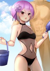 Rule 34 | 1boy, 1girl, abs, bad id, bad pixiv id, bag, bare arms, bare shoulders, bikini, blue sky, blurry, blurry background, blush, breasts, bucket, clothing cutout, collarbone, commentary request, covered collarbone, cowboy shot, day, flower knot, gluteal fold, groin, hair ornament, highres, holding, holding bucket, holding shovel, looking at viewer, navel, navel cutout, open mouth, outdoors, pink hair, ram (re:zero), re:zero kara hajimeru isekai seikatsu, red eyes, short hair, shovel, skoll world, sky, solo focus, swimsuit