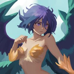 Rule 34 | 1girl, breasts, collarbone, commentary, feathered wings, feathers, harpy, looking to the side, monster girl, original, photoshop (medium), potameart, purple eyes, purple hair, solo, topless, wings