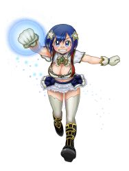 Rule 34 | 1girl, bandaid, bandaid on face, bandaid on nose, blue eyes, blue hair, blush, breasts, cleavage, clenched teeth, crop top, full body, gloves, hair ornament, hairclip, highres, large breasts, m.u.g.e.n, matching hair/eyes, midriff, ohosi nagisa, open clothes, original, sankiti, skirt, solo, teeth, thighhighs