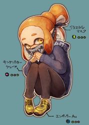 Rule 34 | 1girl, bandana, bandana over mouth, blue background, female focus, fingers together, inkling player character, kiitos, nintendo, pointy ears, shoes, simple background, sitting, solo, splatoon (series), sweater