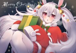 Rule 34 | 1girl, animal ears, azur lane, bell, blush, box, christmas, crossed bangs, dress, fake animal ears, gift, gift box, hair bell, hair ornament, hands up, highres, holding, holding gift, laffey (azur lane), long hair, long sleeves, looking at viewer, makotono nasu, merry christmas, pantyhose, parted lips, rabbit ears, rabbit hair ornament, red dress, red eyes, red skirt, santa costume, santa dress, skirt, sleeves past fingers, sleeves past wrists, solo, twintails, white hair, white pantyhose