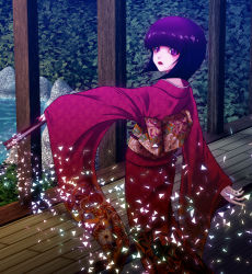 Rule 34 | 1boy, androgynous, back, blunt bangs, child, crossdressing, floral print, forest, hand fan, hunter x hunter, japanese clothes, kalluto zoldyck, kimono, lipstick, looking at viewer, makeup, male focus, mole, mole under mouth, nature, obi, paper, purple eyes, purple hair, red lips, river, sash, solo, tareme, traditional clothes, trap, water, yossui (siny0726)