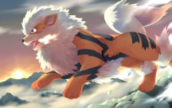 Rule 34 | arcanine, bright pupils, brown eyes, commentary request, creatures (company), fangs, from side, game freak, gen 1 pokemon, nintendo, no humans, open mouth, outdoors, pokemon, pokemon (creature), solo, soomee n, sun, sunset, tongue, white pupils