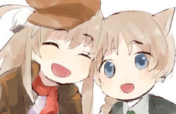 Rule 34 | 2girls, :d, ahoge, animal ears, bad id, bad pixiv id, blue eyes, braid, cat ears, closed eyes, hat, hloox, jacket, light brown hair, long hair, lynette bishop, military, military uniform, multiple girls, open mouth, scarf, siblings, simple background, single braid, sisters, smile, strike witches, strike witches: katayoku no majo-tachi, uniform, white background, wilma bishop, world witches series