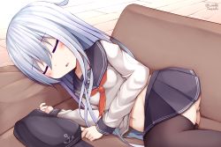 Rule 34 | 1girl, anchor symbol, ass, black hat, black sailor collar, black skirt, black thighhighs, blush, closed eyes, commentary request, couch, facing viewer, flat cap, grey hair, hair between eyes, hat, hibiki (kancolle), highres, kantai collection, long hair, long sleeves, lying, midriff peek, navel, neckerchief, on couch, on side, panties, parted lips, pleated skirt, red neckerchief, sailor collar, school uniform, serafuku, shirt, skirt, sleeping, solo, tateishi kureha, thighhighs, twitter username, underwear, unworn hat, unworn headwear, very long hair, white panties, white shirt, wooden floor