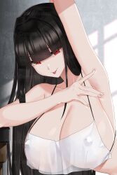 Rule 34 | 1girl, absurdres, arm up, armpits, bare arms, bare shoulders, black hair, blunt bangs, breasts, closed mouth, commission, covered erect nipples, hair intakes, halterneck, highres, large breasts, leaning forward, long hair, looking at viewer, no bra, original, qureniim, red eyes, see-through, smile, solo, spaghetti strap, spread armpit, tongue, tongue out, upper body, very long hair