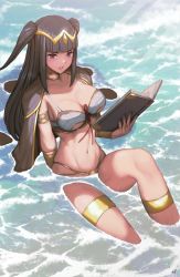 Rule 34 | 1girl, alternate costume, armlet, beach, bikini, black eyes, black hair, blunt bangs, book, bracer, breasts, cape, choker, cleavage, day, fire emblem, fire emblem awakening, highres, hime cut, jewelry, mynare, nail polish, navel, nintendo, outdoors, parted lips, partially submerged, ring, sitting, solo, stomach, sunlight, swimsuit, tharja (fire emblem), thigh strap, tiara, twintails, two side up, water, wet