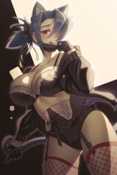 Rule 34 | 1girl, absurdres, alternate costume, alternate form, animal ears, blue hair, blush, bra, breasts, cat ears, cat girl, cat tail, cleavage, covered navel, eyepatch, fishnet thighhighs, fishnets, garter straps, gloves, hair over one eye, hair ribbon, highres, jacket, large breasts, legs apart, licking lips, lingerie, looking at viewer, looking down, mask pull, panties, ponytail, rank alee, red eyes, ribbon, scar, skullgirls, solo, tail, thighhighs, tongue, tongue out, underwear, valentine (skullgirls)