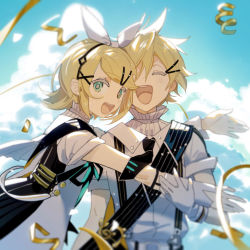 Rule 34 | 1boy, 1girl, aqua eyes, bass clef, black necktie, black ribbon, black sash, blonde hair, bloom, blurry, chi ya, closed eyes, cloud, depth of field, gloves, highres, hug, kagamine len, kagamine rin, looking at viewer, looking to the side, neck ribbon, necktie, open mouth, outdoors, outstretched arms, ribbon, sash, shirt, short hair, short sleeves, sky, smile, streamers, swept bangs, treble clef, upper body, vocaloid, white gloves, white shirt
