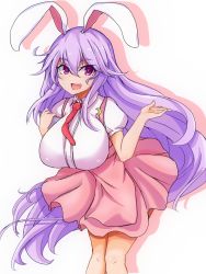 Rule 34 | 1girl, :d, animal ears, apron, breasts, commentary request, cowboy shot, crescent, drop shadow, hair between eyes, hanging breasts, highres, huge breasts, leaning forward, light purple hair, long hair, looking at viewer, necktie, open mouth, pink apron, pink eyes, puffy short sleeves, puffy sleeves, rabbit ears, red necktie, reisen udongein inaba, shirt, short sleeves, smile, solo, sprout (33510539), standing, touhou, underbust, very long hair, waitress, white shirt