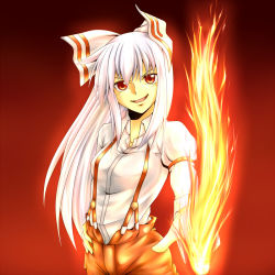 Rule 34 | 1girl, female focus, fire, foreshortening, fujiwara no mokou, gradient background, hair ribbon, hand on own hip, highres, hip focus, long hair, long sleeves, open mouth, orange theme, outstretched arm, red eyes, ribbon, seven star, simple background, smile, solo, suspenders, touhou, white hair