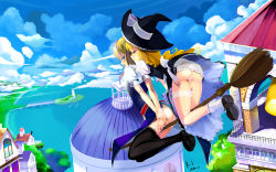 Rule 34 | 2girls, alice margatroid, ass, bad id, bad pixiv id, black thighhighs, blonde hair, blue eyes, blush, broom, capelet, city, cloud, cross, day, female focus, flying, hairband, hat, highres, kirisame marisa, kouichi t, long hair, multiple girls, object insertion, outdoors, panties, panty pull, pussy, red eyes, scenery, see-through, sex toy, short hair, thighhighs, touhou, underwear, upskirt, vibrator, vibrator under clothes, vibrator under panties, wallpaper, water, witch, witch hat, yuri