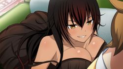 Rule 34 | 10s, 1boy, 1girl, black hair, blush, breasts, brown hair, cleavage, couch, grin, large breasts, long hair, master nemesis, nightgown, tan, to love-ru, to love-ru darkness, yellow eyes, yuuki rito