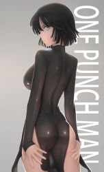 Rule 34 | 1girl, ass grab, black dress, black hair, breasts, closed mouth, commentary request, copyright name, dress, from behind, fubuki (one-punch man), grabbing own ass, green dress, green eyes, grey background, hands on ass, highres, large breasts, legs together, long sleeves, looking at viewer, looking back, one-punch man, shiny clothes, short hair, side slit, simple background, siraha, solo, standing