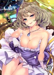 Rule 34 | 1girl, bare shoulders, blurry, blurry background, breasts, brown hair, cleavage, cover, depth of field, dress, gem, gloves, gluteal fold, green eyes, heterochromia, highres, idolmaster, idolmaster cinderella girls, jewelry, large breasts, looking at viewer, mole, mole under eye, necklace, nipple slip, nipples, pants, parted lips, purple dress, purple pants, shiokonbu, short hair, smile, solo, takagaki kaede, thigh gap, tongue, tongue out, white gloves