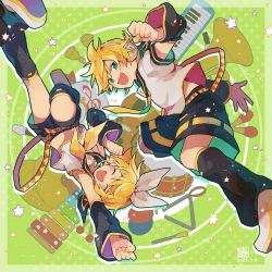 Rule 34 | 1boy, 1girl, :d, ^ ^, blonde hair, blue eyes, bow, clenched hands, closed eyes, detached sleeves, green background, hair bow, hana (mew), hand up, highres, instrument, kagamine len, kagamine rin, musical note, open mouth, short hair, short sleeves, shorts, smile, trombone, upside-down, vocaloid