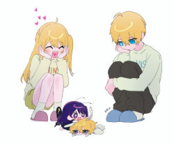 Rule 34 | 1boy, 1girl, ^ ^, ahoge, black pants, blonde hair, blue eyes, brother and sister, bug, closed eyes, closed mouth, commentary request, ddu 45, green shorts, hair between eyes, hands on own cheeks, hands on own face, head rest, heart, heart in mouth, highres, hoshino ai (oshi no ko), hoshino aquamarine, hoshino ruby, hugging own legs, kamiki hikaru, korean commentary, long hair, mismatched pupils, mother and daughter, mother and son, one side up, open mouth, oshi no ko, pants, purple hair, shirt, short hair, shorts, siblings, simple background, slippers, squatting, star-shaped pupils, star (symbol), symbol-shaped pupils, twins, white background, white shirt