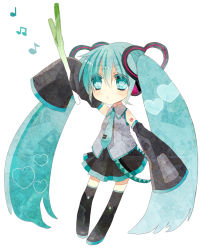 Rule 34 | 1girl, aqua eyes, aqua hair, arm up, detached sleeves, hatsune miku, heart, heart-shaped pupils, long hair, musical note, necktie, sana-m, simple background, skirt, sleeves past wrists, solo, spring onion, symbol-shaped pupils, thighhighs, twintails, very long hair, vocaloid, white background