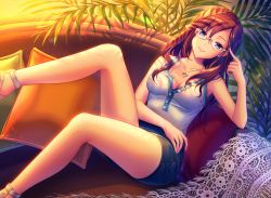 Rule 34 | 1girl, bare arms, bare shoulders, blue eyes, blue shorts, breasts, brown hair, buttons, cleavage, closed mouth, collarbone, couch, glasses, glint, heart, heart necklace, highres, idolmaster, idolmaster cinderella girls, jewelry, legs, long hair, looking at viewer, medium breasts, milcho, necklace, partially unbuttoned, pillow, plant, shirt, shorts, sitting, smile, solo, sparkle, tank top, white shirt, yagami makino
