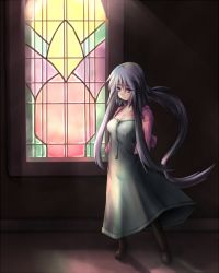 Rule 34 | 1girl, boots, dress, female focus, full body, gray greed, green dress, indoors, jacket, long hair, open clothes, open jacket, original, pink jacket, ponytail, purple eyes, purple hair, sidelocks, solo, stained glass, standing, usuki (graygreed), very long hair, window