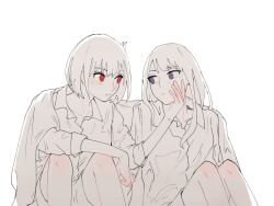 Rule 34 | 2girls, blush, closed mouth, collared shirt, commentary request, greyscale, hand on another&#039;s face, inoue takina, long hair, looking at another, lycoris recoil, monochrome, multiple girls, nishikigi chisato, one side up, purple eyes, red eyes, shared blanket, shiratama draw, shirt, sitting, spot color