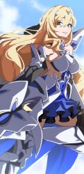 Rule 34 | 1girl, armored boots, bad id, bad pixiv id, bare shoulders, bianka durandal ataegina, bianka durandal ataegina (bright knight: excelsis), black sleeves, blonde hair, blue dress, blue eyes, blue sky, boots, breasts, brown thighhighs, cloud, commentary request, covered navel, day, detached sleeves, dress, ecliygame, hair between eyes, highres, honkai (series), honkai impact 3rd, long hair, long sleeves, looking at viewer, medium breasts, outdoors, parted lips, pleated dress, sky, solo, thighhighs, very long hair