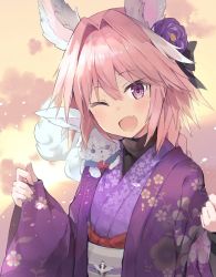 Rule 34 | 1boy, :d, animal ears, astolfo (fate), braid, clenched hand, evening, fang, fate/apocrypha, fate/grand order, fate (series), flower, fou (fate), hair between eyes, hair flower, hair ornament, highres, holding, holding clothes, iromi (a1vlmeta), japanese clothes, kemonomimi mode, kimono, kusumoto touka, long sleeves, looking at viewer, male focus, one eye closed, open mouth, pink hair, purple eyes, purple flower, purple kimono, rabbit ears, sash, single braid, skin fang, smile, solo, sunlight, trap, underwear, upper body, wide sleeves