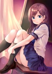 Rule 34 | 1girl, :o, ass, bad id, bad twitter id, black socks, blue eyes, blue sailor collar, blue skirt, blush, brown footwear, brown hair, chalkboard, classroom, curtains, day, desk, dutch angle, highres, hugging own legs, indoors, kneehighs, knees up, light particles, loafers, long hair, looking at viewer, looking to the side, miniskirt, original, parted lips, pasdar, pleated skirt, sailor collar, school desk, school uniform, serafuku, shirt, shoes, short sleeves, sitting, skirt, socks, solo, thighs, white shirt